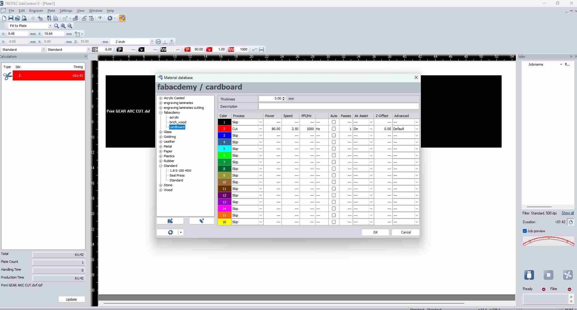 Focus gauge touching material surface to set correct focal height